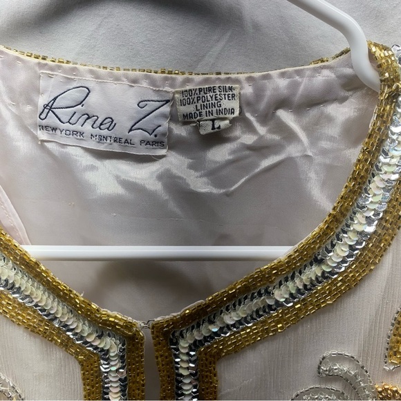 Vintage Rina Z beaded sequin silk jacket sz L Cream Silver Gold Floral -RARE- - Picture 4 of 14